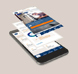 Soluções digitais Celular mostrando telas sobrepostas com as facilidades do app para mobile