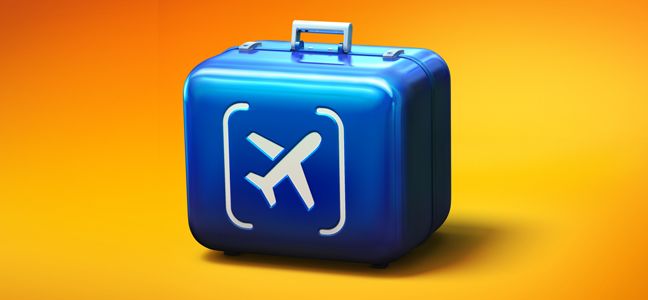Conheça o seguro viagem Itaú Ilustração de uma mala de viagem azul com um avião desenhado em sua superfície.
